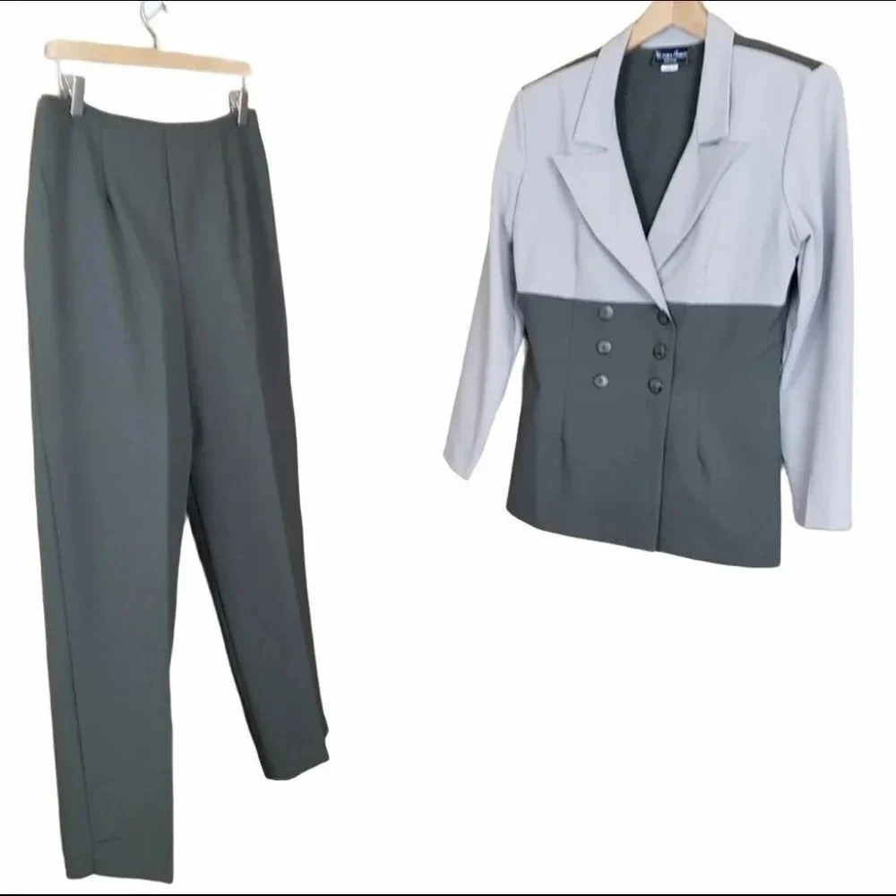 Victoria Ashley Pant Suit‎ 13 Gray Green Colorblock Double Breasted Vintage USA